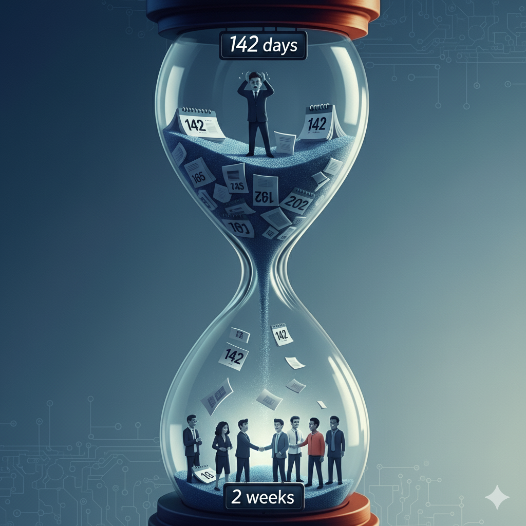 An hourglass shows the hiring process shrinking from 142 days at the top to 2 weeks at the bottom. At the top, a stressed professional stands among scattered calendar pages. At the bottom, a diverse group of people shakes hands, symbolizing faster, more successful AI hiring.