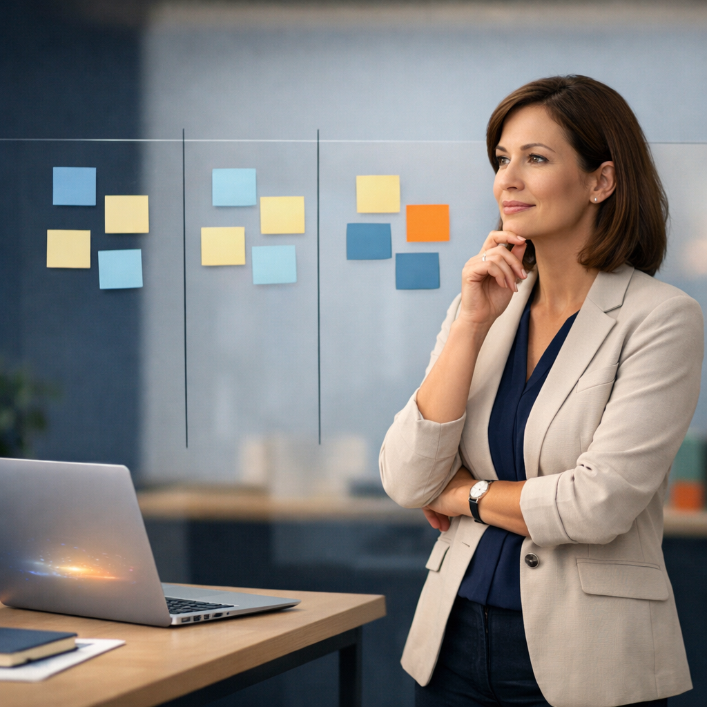 Professional in a calm modern office stands beside a glass wall with abstract sticky notes arranged in three unlabeled columns, while an open laptop nearby gives off a subtle AI-inspired glow, suggesting thoughtful work redesign and planning.