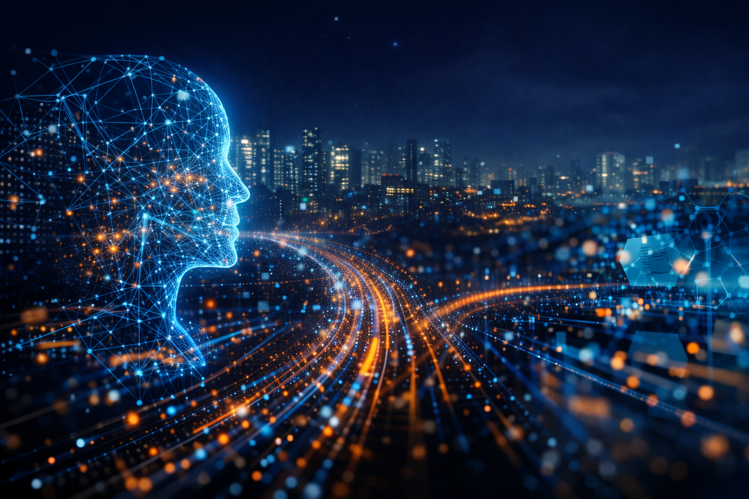 Futuristic night city skyline with a glowing blue wireframe human head in profile on the left and orange and blue light trails streaming toward the city, suggesting data flow and AI.