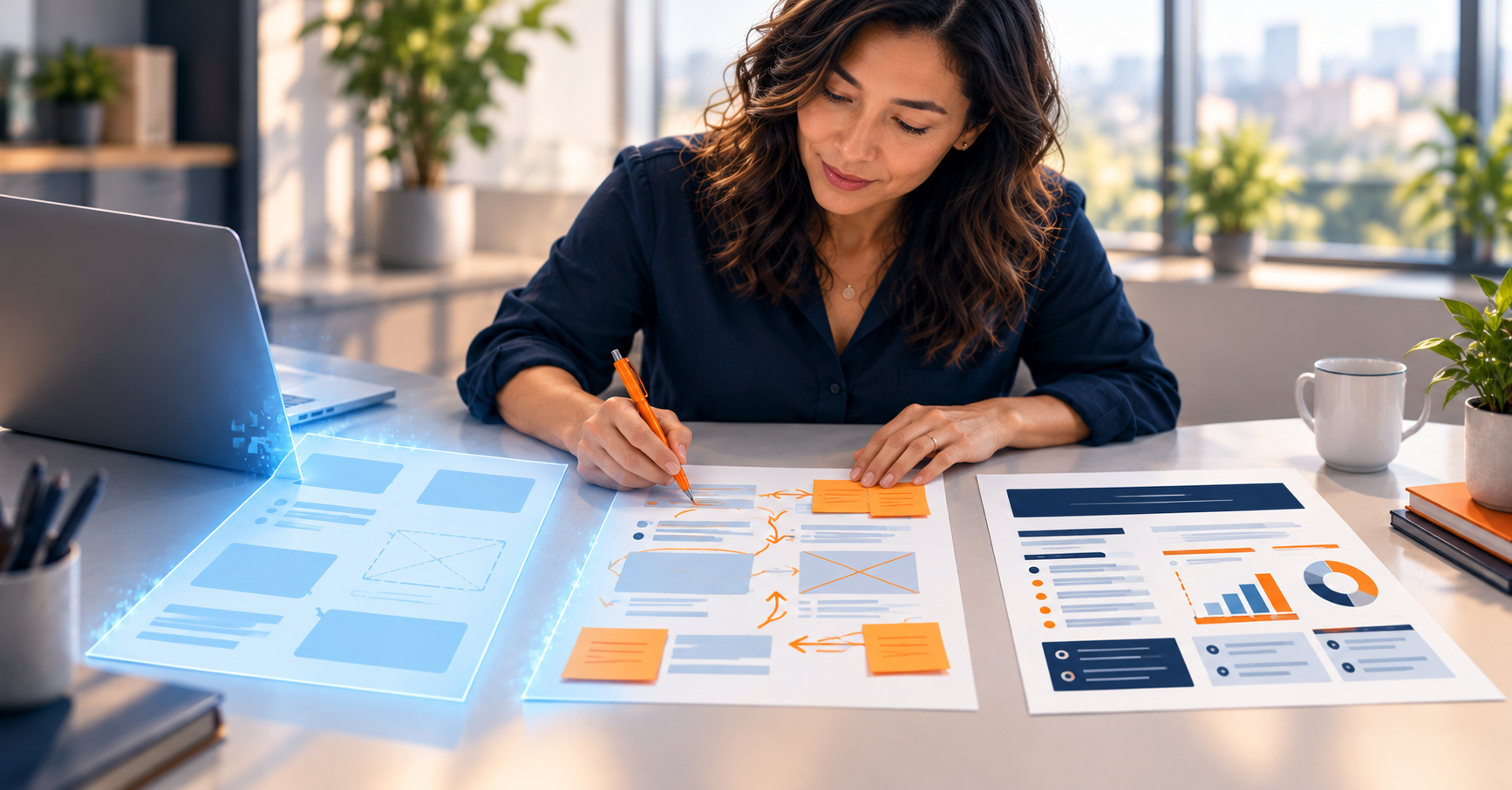 A professional turns a glowing AI draft from her laptop into a clear, finished document, adding her expertise with an orange pen and notes.