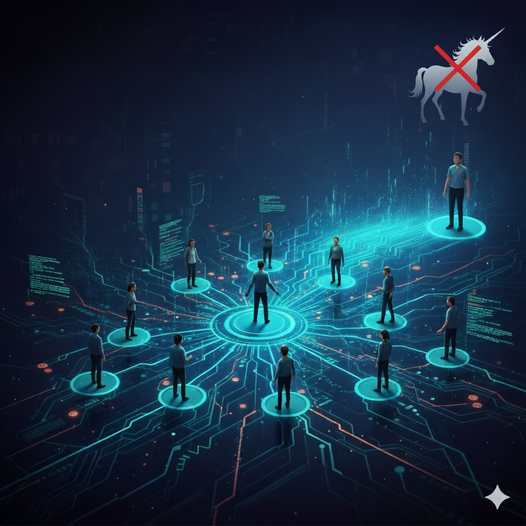 A dark, futuristic digital landscape features a central, glowing blue circuit hub with several people standing on smaller, connected circuit nodes arranged in a circle around it. This central group appears to be collaborating or connected. To the upper right, isolated from the main group, stands a single person on a circuit node, with a crossed-out unicorn icon hovering above them. The overall impression is one of a technological network or community, with a clear distinction for the 