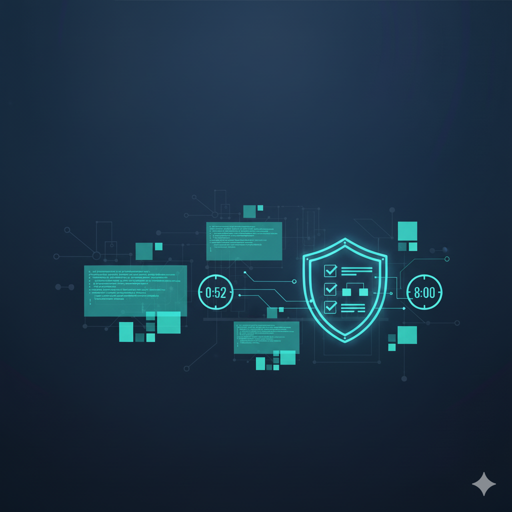 Digital shield representing compliance and code snippets, with timestamps 0:52 and 8:00, against a dark blue background.