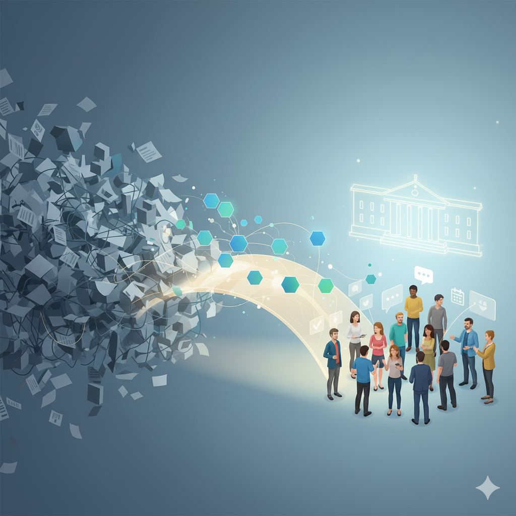 Abstract cover image showing a flow of digital data transforming from chaotic paper documents into a simplified, human-centered network of people and services, symbolizing the shift from bureaucracy to personal government service via AI.`