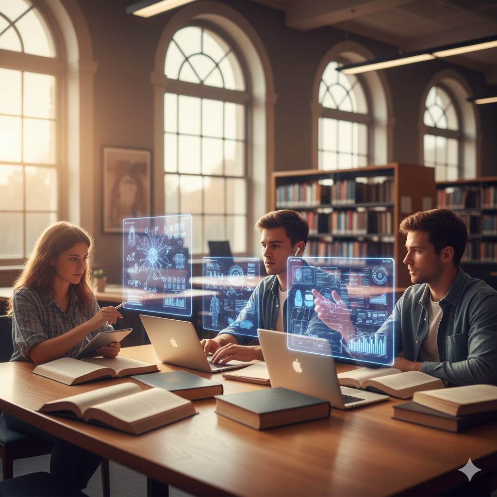 hree college students at a wooden table in a sunlit library, engaged with laptops and futuristic, glowing AI data projections hovering above their workspace. Books are open on the table, and bookshelves line the background.