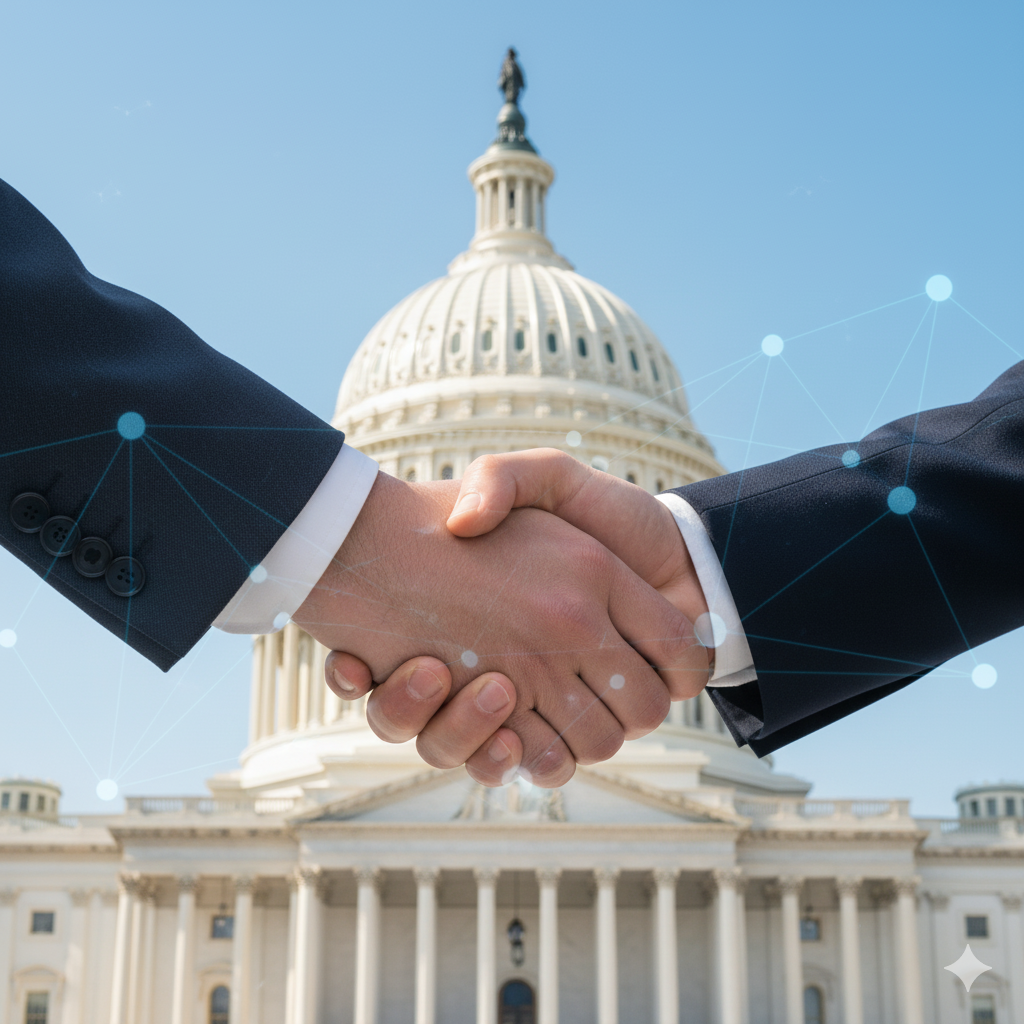 A close-up shot of several hands from diverse individuals stacked on top of one another, symbolizing trust and unity. The background is a blurred, out-of-focus government building.