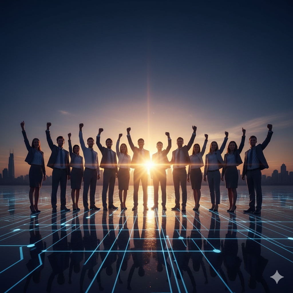 A diverse group of people, with their arms raised in celebration and collaboration, stand together on a glowing network of lines against a bright, sunlit sky. The image symbolizes the triumph of the human workforce.