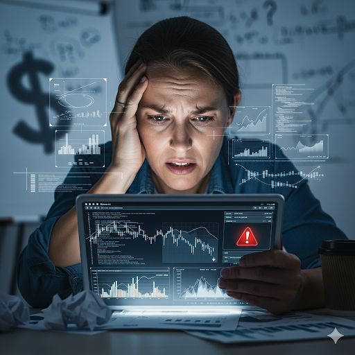 A stressed business professional looks at a tablet displaying warning alerts and complex data dashboards, symbolizing the financial and operational risks of hiring the wrong AI talent.